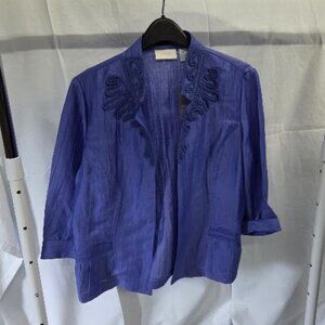 Chicos periwinkle embroidered blue open blazer 3/4 sleeve